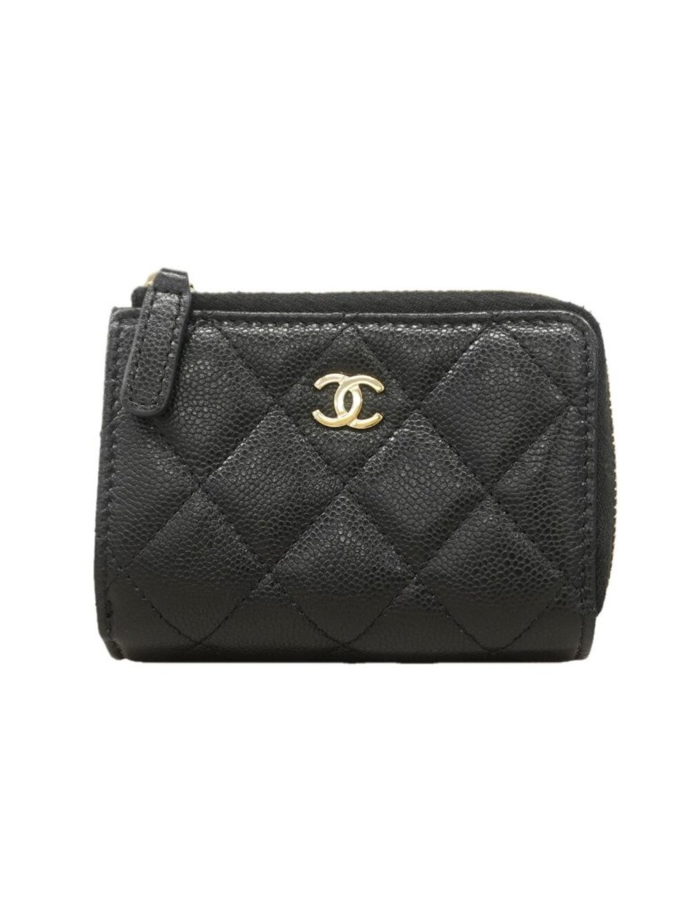 Chanel Trifold Wallet Quilted Caviar Leather Black Champagne Gold